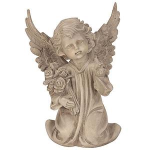 Engelfigur mit Vogel in der Hand und Blumen, Engel kniend, Höhe 28 cm Bild 2