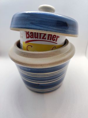 Bautzner Senftopf Keramik grün-blau incl. Bautzener Becher Bild 4