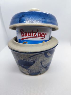 Bautzner Senftopf Keramik grün-blau incl. Bautzener Becher Bild 3