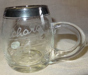 HT Trinkglas Seidel aus Kristall Bierseidel Silberrand Gravur Richard 50 Alt Vintage Glas 