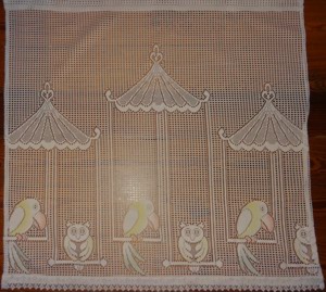 TVP Gardine Scheibengardine Bistrogardine weiß mit Vogelmotiv H93xB98 einwandfrei erhalten  Vorhang