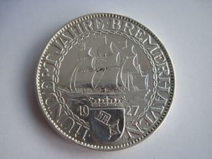 Alte Münze 3 Mark 1927 Jubiläum 100 Jahre Bremerhaven, 500er Silber, Weimarer Republik