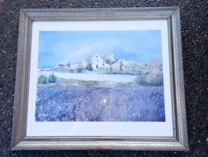 Bild Landschaft mit Häusern 53 x 46 cm Bilderrahmen silbrig grau handgemalt Bild 1