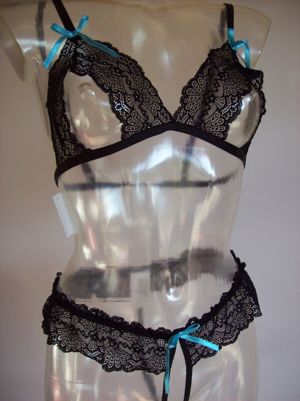 NEU BH -Set Ouvert schwarz mit hellblauer Schleife Spitze M L