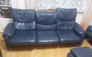 Sofa-Garnitur  gebraucht  3er 2er Hocker   Voll-Echtleder blau Bild 4