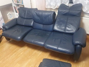 Sofa-Garnitur  gebraucht  3er 2er Hocker   Voll-Echtleder blau Bild 7