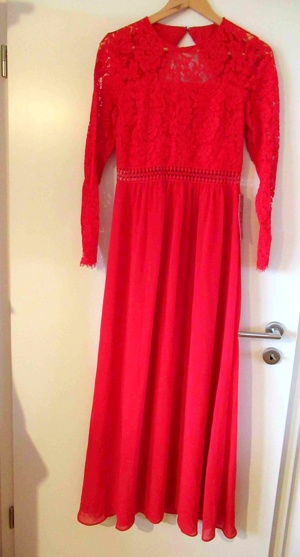 NEUES rotes Kleid Spitze u Chiffon langärml. Gr S toller Rücken