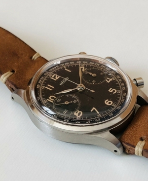 vintage big arsa steel chronograph schaltrad valjoux 22 black dial 50er 38mm Bild 2