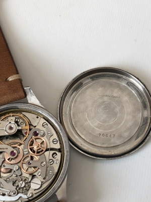 vintage big arsa steel chronograph schaltrad valjoux 22 black dial 50er 38mm Bild 8