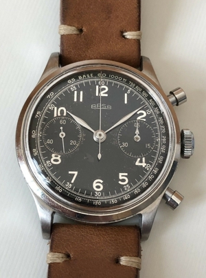 vintage big arsa steel chronograph schaltrad valjoux 22 black dial 50er 38mm Bild 4