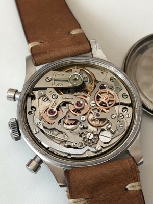 vintage big arsa steel chronograph schaltrad valjoux 22 black dial 50er 38mm Bild 9