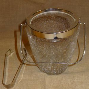 CT Eiswürfelbehälter Craquele Glas Henkel Rand + passende Eiszange aus Edelstahl 70igerJahre Vintage