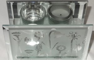 DU Kerzenhalter Kerzenständer Spiegel + Glas matt mit Blumendekor 14x10x6 kaum gebraucht einwandfrei