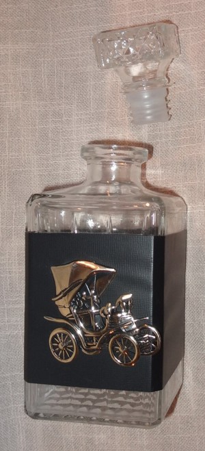 HT Barset 7 tlg: 6 Trinkgläser 1 Karaffe mit Stopfen Bandarole mit Oldtimer Vintage kaum benutzt70ig