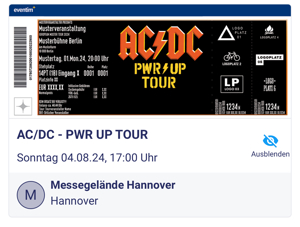 AC DC - Tickets - HANNOVER 04.08. Stehplatz Innenraum PWR UP Tour. Bild 2
