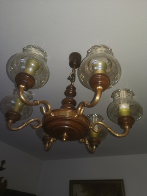 Lüster, Kronleuchter-Lüster, Antik, Sechsarmig, Bronze Holz, schöne verzierte Glocken  Glocken Bild 2