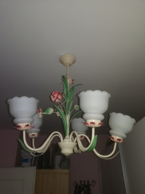 Kronleuchter-Lüster, Hänge-Lampe, 5-armig, Metall weis mit Blumen-Muster, sehr schön und dekorativ Bild 2