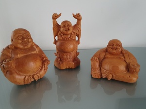 3 lachende Bhudda Figuren Statuen massiv Holz Bhudda Echtholz Holzfiguren geschnitzt TOP! Bild 2