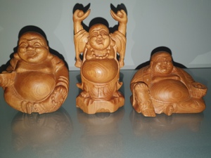 3 lachende Bhudda Figuren Statuen massiv Holz Bhudda Echtholz Holzfiguren geschnitzt TOP! Bild 1