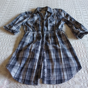 Damen -  Vintage - Bluse - Stretch-Longbluse, Gr. 34 bzw. ca. Gr. XS, schwarz kariert