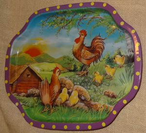 D Tablett klein Blech Motiv Hühner in der Landschaft 19x16 Dekoartikel gebraucht