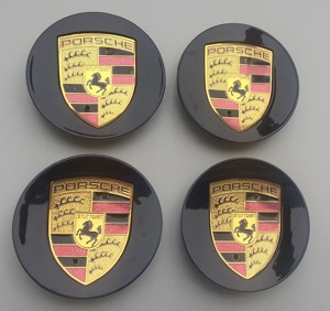 Porsche Nabendeckel Felgendeckel Nabenkappen Schwarz glänzend Wappen farbig Bild 1
