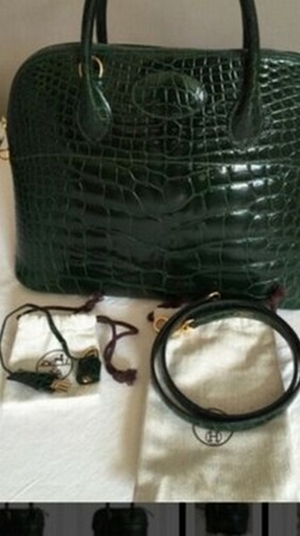 HERMES Bolide Bag Crocodile Pine Green   removable shoulder strap double handle Bild 5