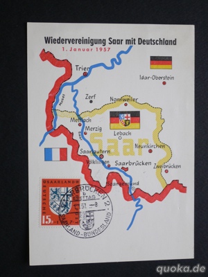 Briefmarken: Saarland 1957  Postkarte Wiedervereinigung Saar mit Deutschland