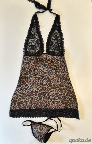 Negligee mit Leopard Muster, Kontrast Spitzen, & String Gr. M