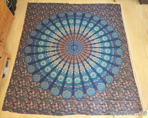 Neu: Decke blaue Pfauenfeder Tantramassage Ritualdecke 100% Premium Cotton Tapestry ca. 220x200cm Bild 2