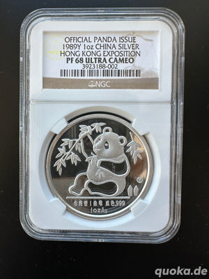 China Panda 1989 Hong Kong , PP, 1 oz Silber im Slap PF 68 Ultra Cameo