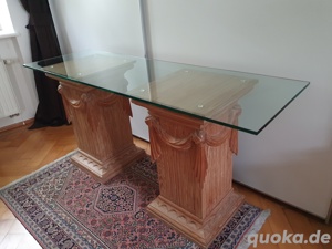 Exklusiver, schöner Säulen Tisch mit Glasplatte Schreibtisch Ablagetisch Holzsäulen TOP! Bild 2