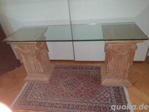 Exklusiver, schöner Säulen Tisch mit Glasplatte Schreibtisch Ablagetisch Holzsäulen TOP! Bild 4