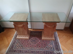 Exklusiver, schöner Säulen Tisch mit Glasplatte Schreibtisch Ablagetisch Holzsäulen TOP! Bild 9