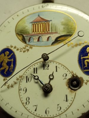  Spindeltaschenuhr mit Zentralsekunde, funktioniert, Kette OK,bemaltes Emailblatt Bild 6