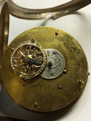  Spindeltaschenuhr mit Zentralsekunde, funktioniert, Kette OK,bemaltes Emailblatt Bild 8