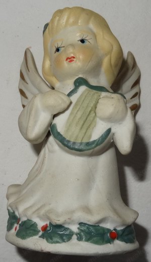 DF Engelsfigur Weihnachtsengel mit Harfe Keramik weiß stehend 8x4,5cm gut erhalten Engel Weihnachten