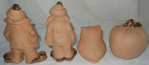 DL Gilde Handwerk 4 Figuren Terrakotta echt vergoldet 2xClown 1 Apfel 1 Eule gut erhalten Dekoration