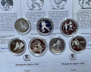 7 Silbermünzen Olympische Spiele 1992 Albertville 149g Feinsilber