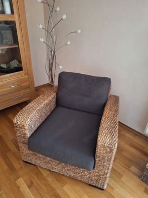 Lounge Garnitur (3-Sitzer Sofa + zwei Sessel). Korb Wasserhyazinthengeflecht, zwei Bezugsets Bild 3