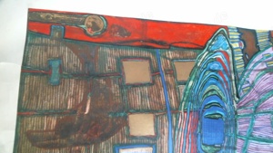 Friedenreich Hundertwasser Kunstdruck, Motiv Erinnerungen an das Bild 1960, Bild selbst ok,Ränder ab Bild 4