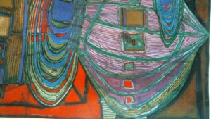 Friedenreich Hundertwasser Kunstdruck, Motiv Erinnerungen an das Bild 1960, Bild selbst ok,Ränder ab Bild 6