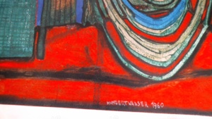 Friedenreich Hundertwasser Kunstdruck, Motiv Erinnerungen an das Bild 1960, Bild selbst ok,Ränder ab Bild 2