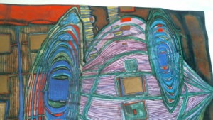 Friedenreich Hundertwasser Kunstdruck, Motiv Erinnerungen an das Bild 1960, Bild selbst ok,Ränder ab Bild 5