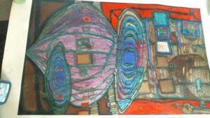 Friedenreich Hundertwasser Kunstdruck, Motiv Erinnerungen an das Bild 1960, Bild selbst ok,Ränder ab