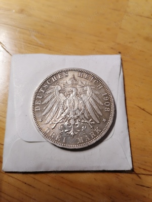 Drei Mark silbermünze 1908  Silber 900  Bild 2
