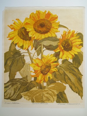 Original Linolschnitt von Ernst Rötteken: Sonnenblumen
