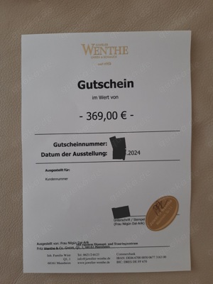 Juwelier Wenthe Gutschein 369 Euro Bild 1