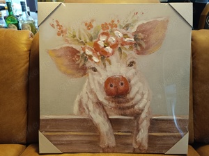 Bild auf Holzrahmen, Schwein+Blumenkranz, neu, 3D Effekt, Gilde Bild 1