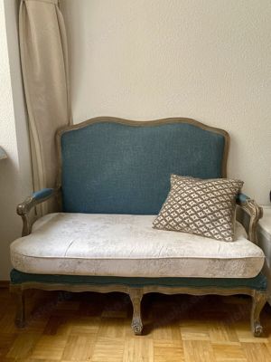 Jugendstil Sofa, Stilmöbel, Salon, Blau Beige, B 123 cm  
